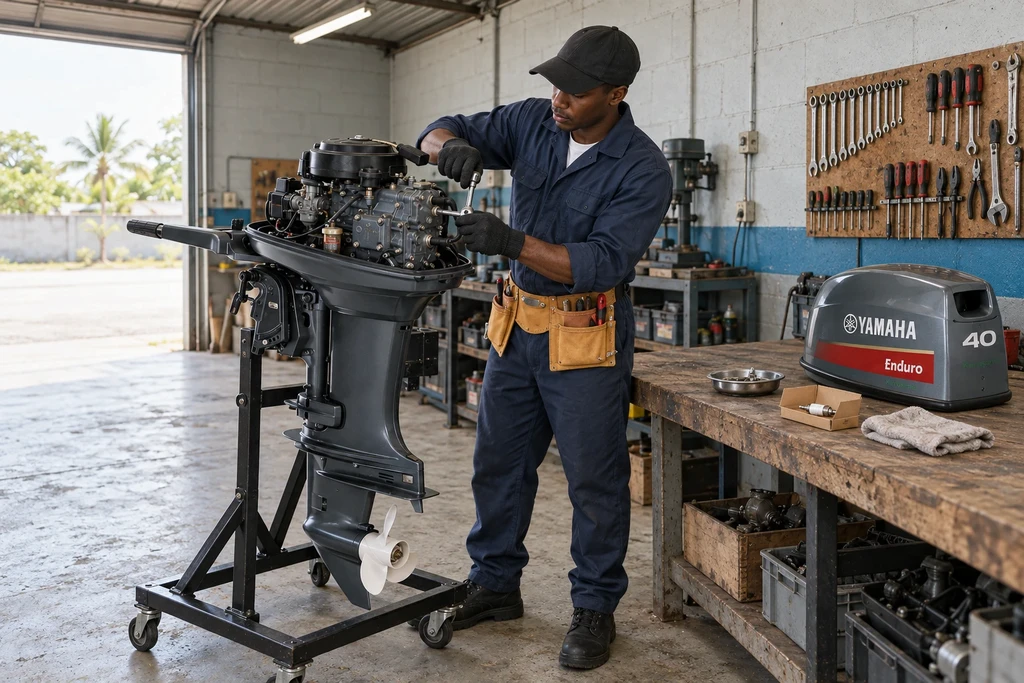 Un technicien répare un moteur hors-bord Yamaha, capot déposé