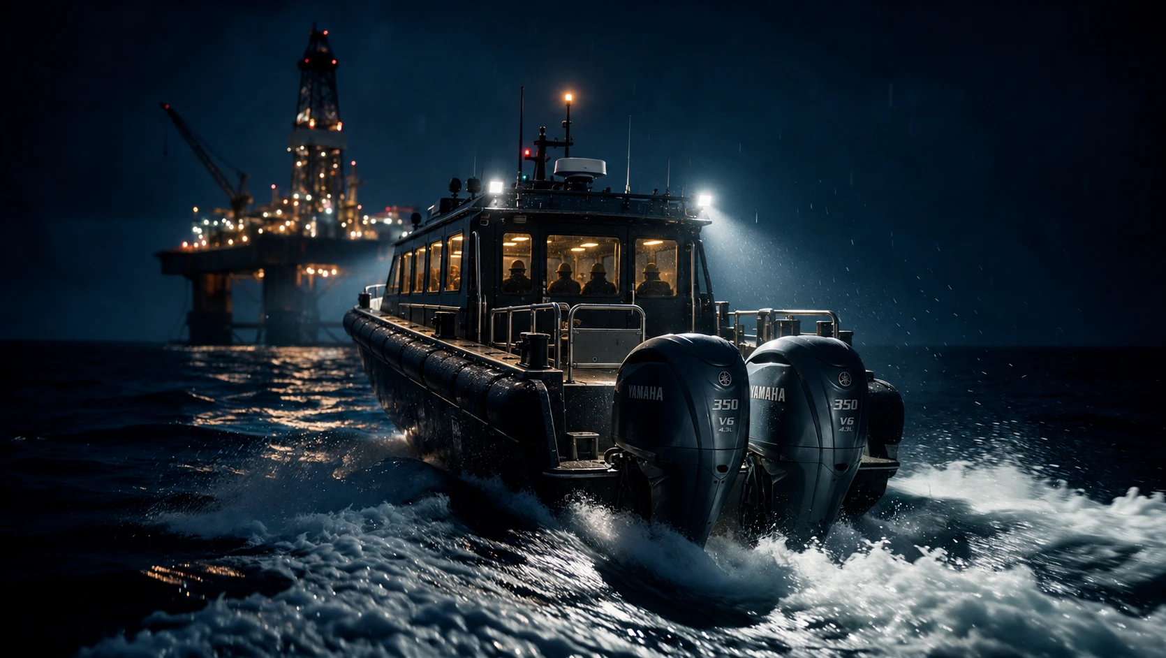 Navette d’équipage propulsée par deux moteurs hors-bord Yamaha 350 V6, de nuit en mer, en route vers une plateforme pétrolière