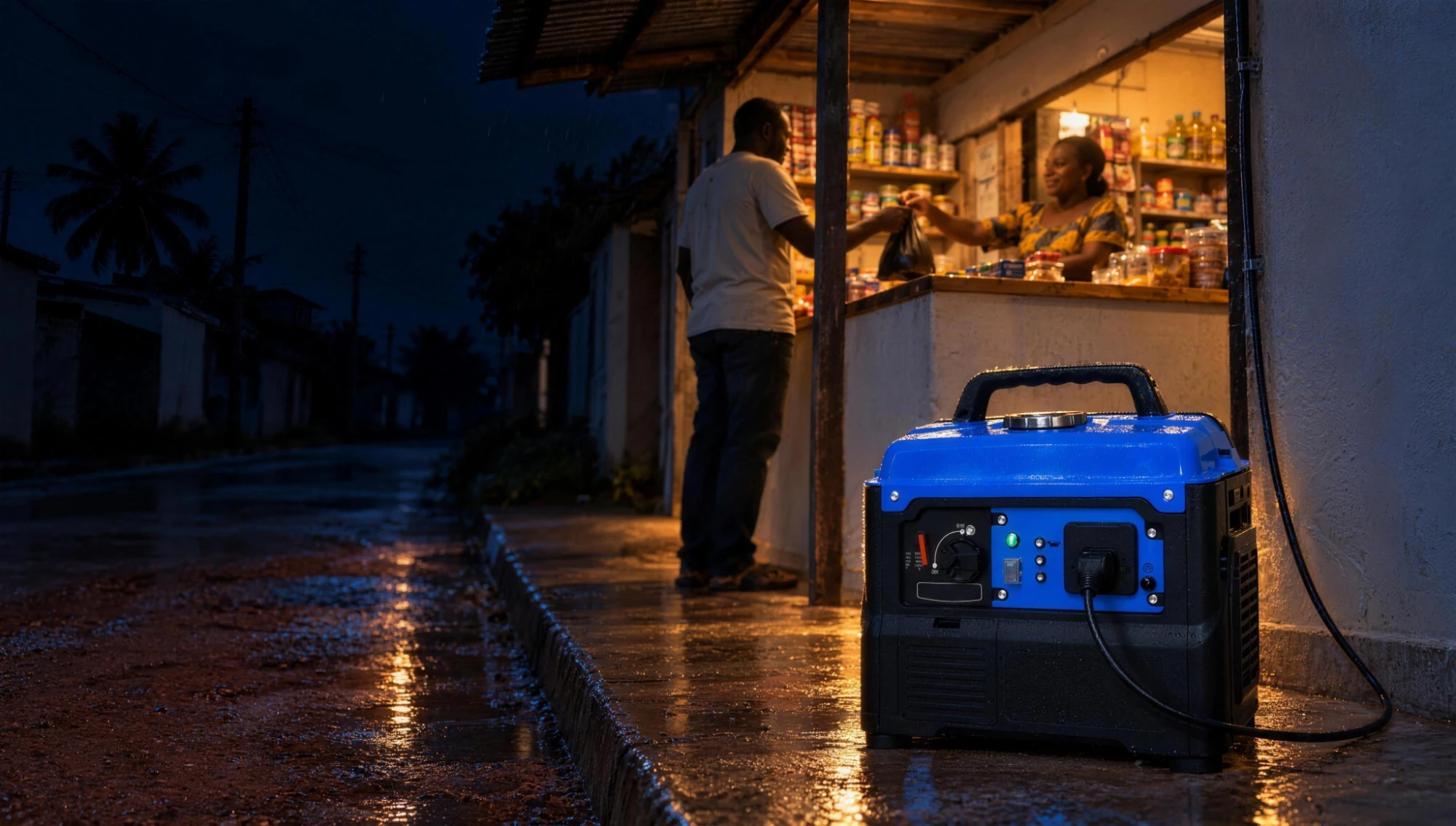 Groupe électrogène portable bleu alimentant une petite boutique de quartier, la nuit sous la pluie