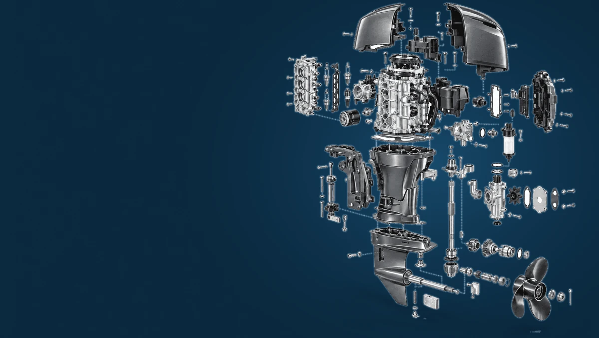 Vue éclatée d’un moteur hors-bord et de ses pièces détachées