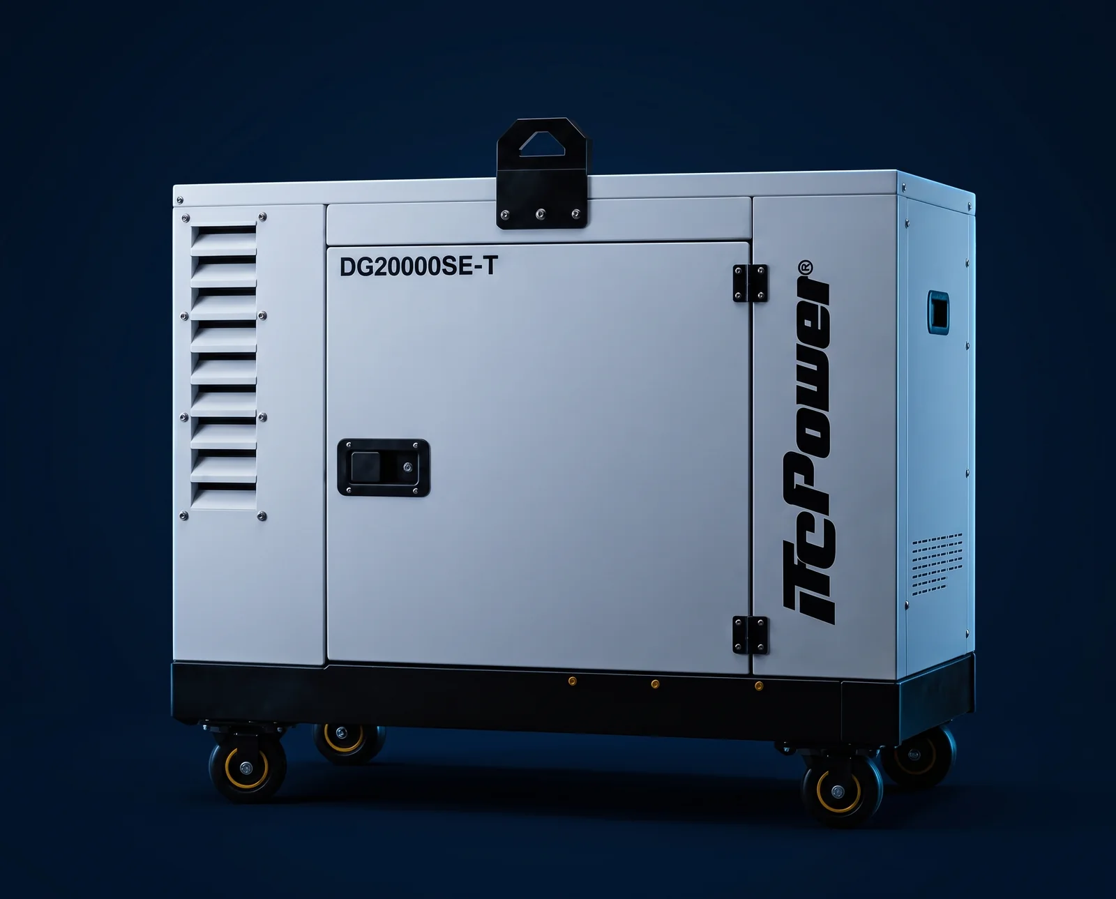 Groupe électrogène ITC Power blanc DG20000SE-T, avec son châssis et ses roues
