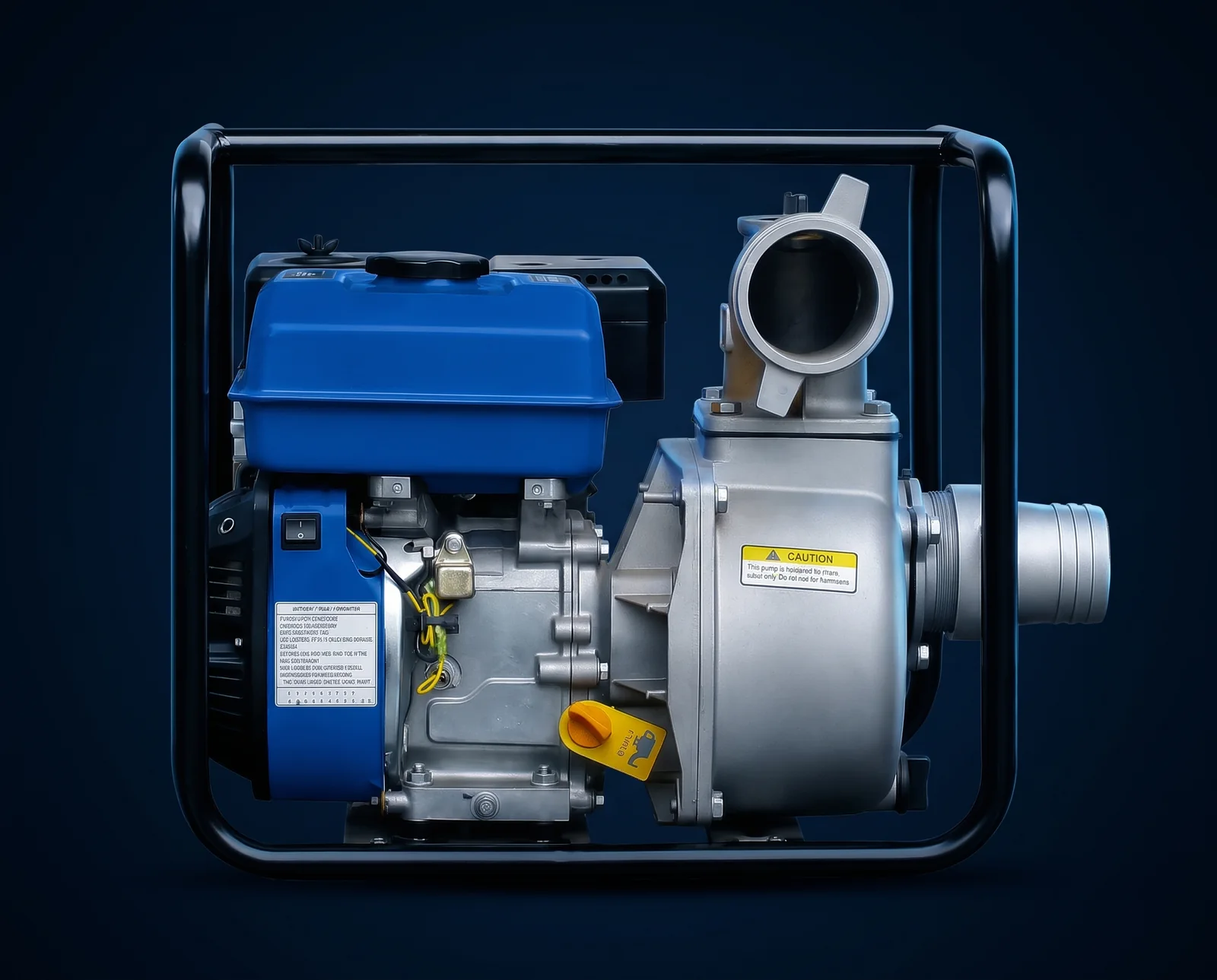 Motopompe à moteur bleu et corps de pompe en aluminium, dans son cadre tubulaire noir, vue de côté